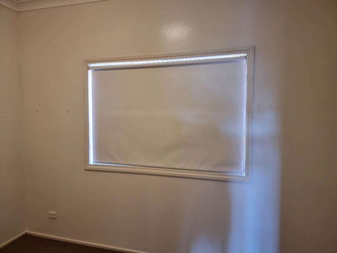 White room with frosted glass window and brown carpet