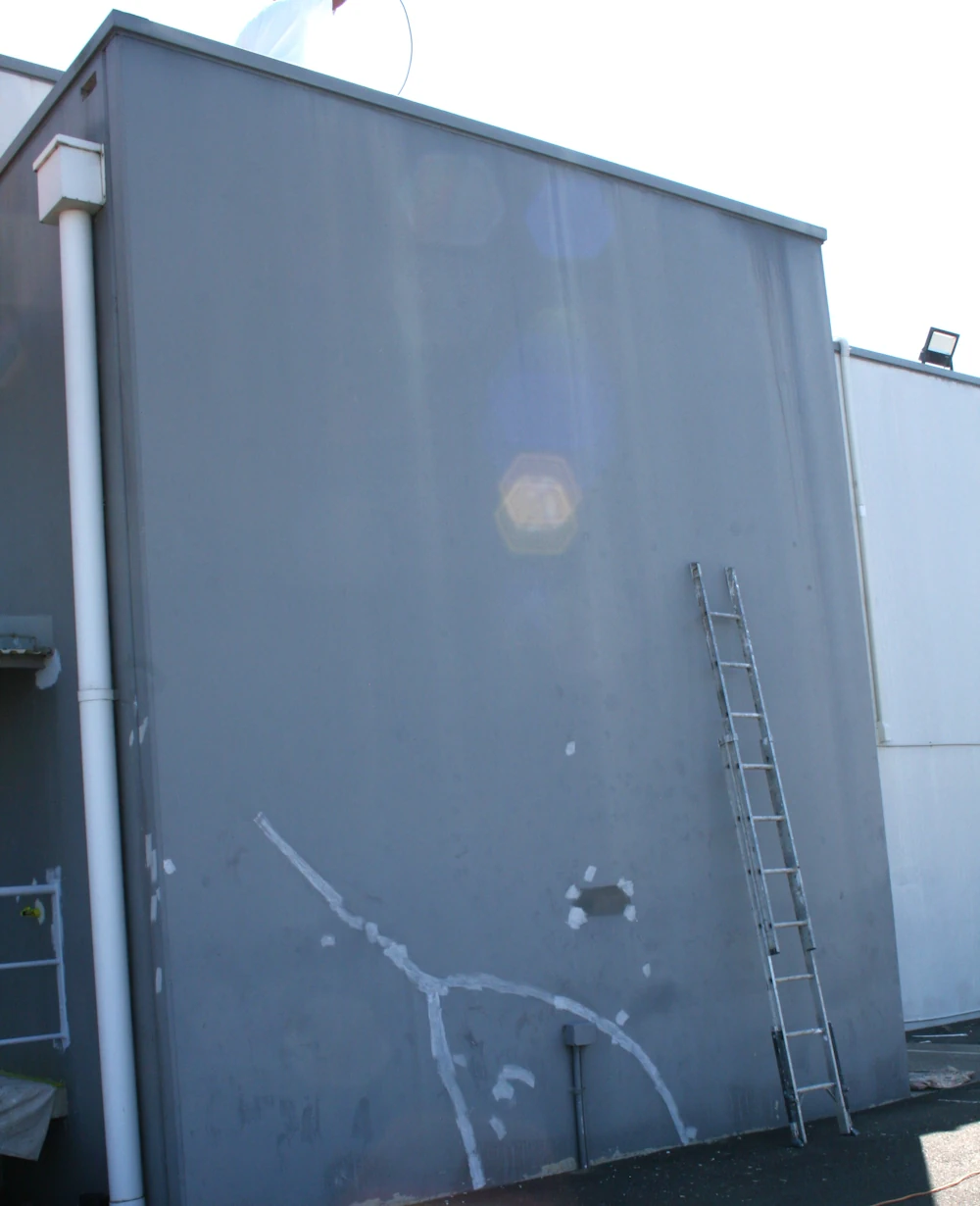 Gray industrial building with exterior ladder and pipe