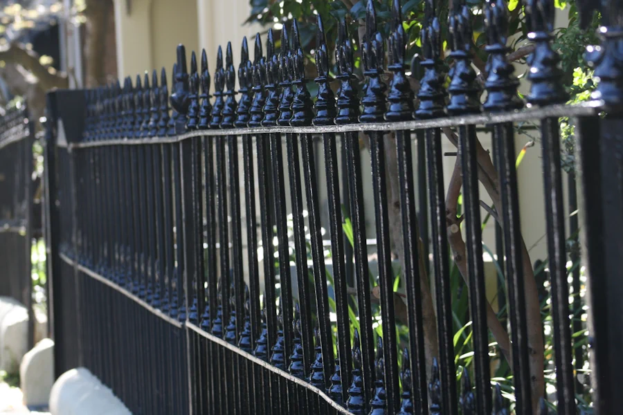 Black wrought iron fence in sunlight