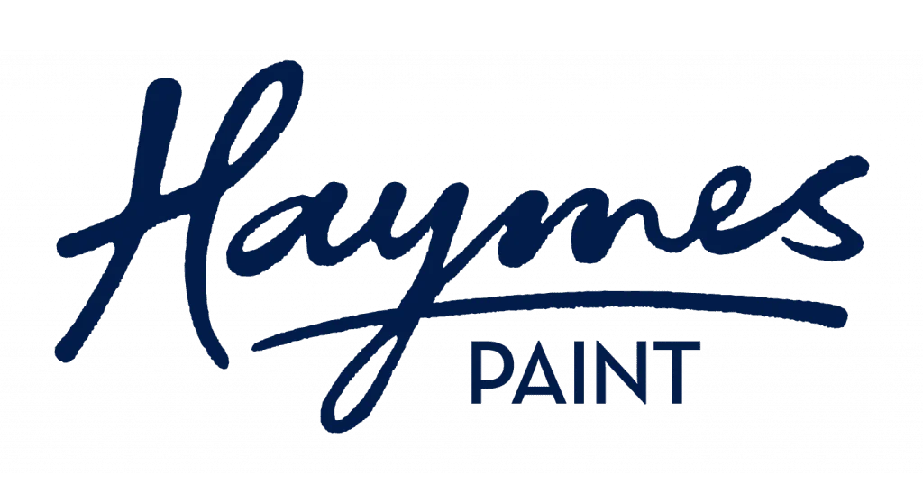 Haymes Paint logo in blue script on dark background